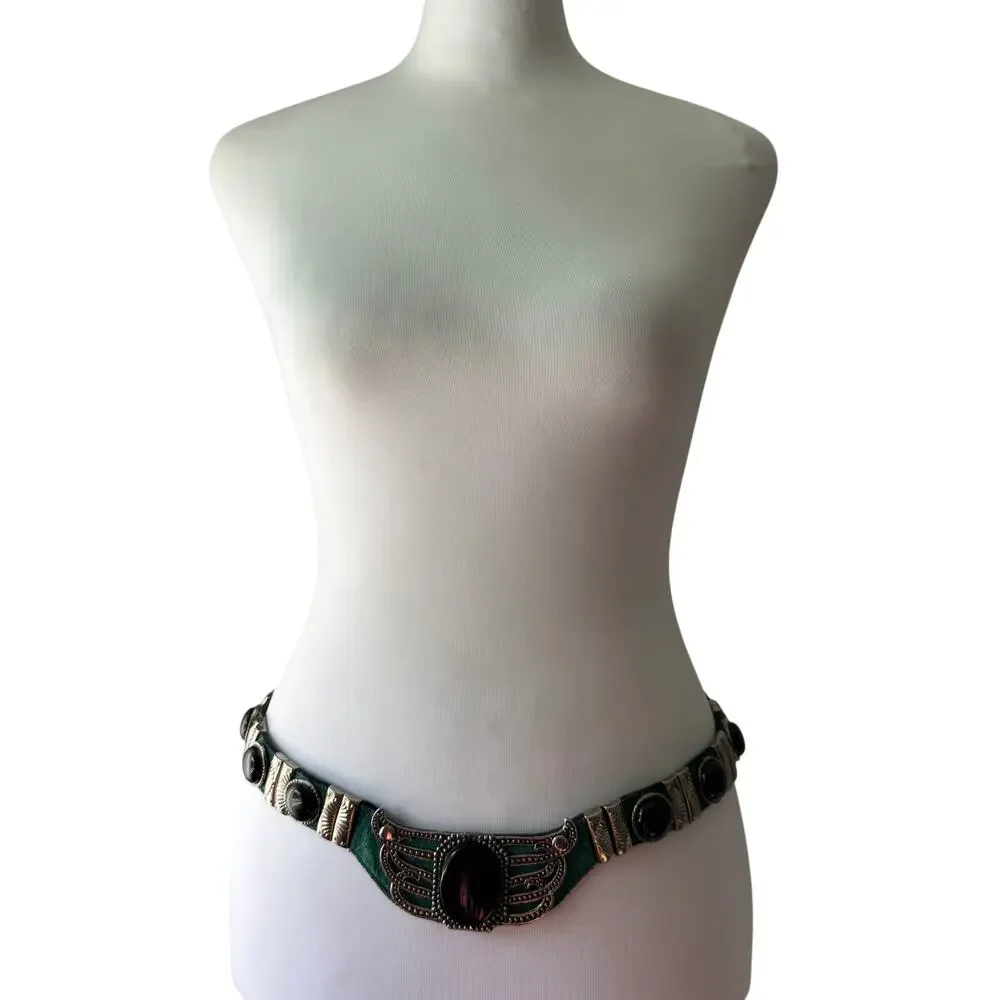 Vintage ‘90s Leatherock Green Leather Belt w/ Black Stone & Silver Detail